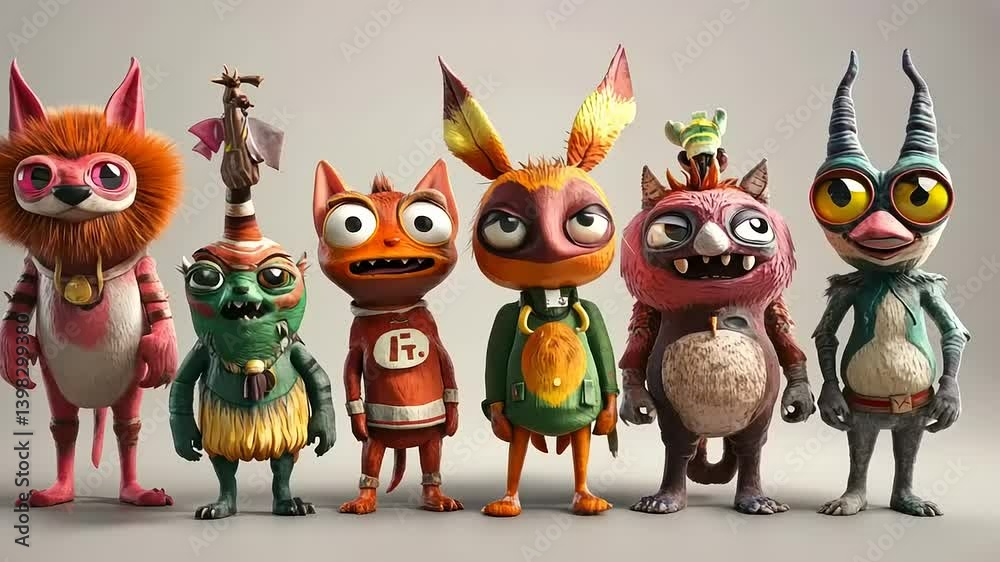 Whimsical Fantasy Creature Lineup:  A Digital Art Showcase of Imaginative Characters