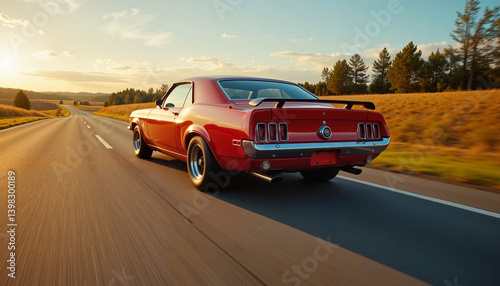 Classic red muscle car cruising down a sunny highway  