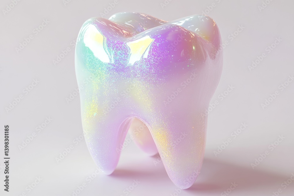 A pearly, iridescent tooth model, digitally rendered with a pastel pink hue and glitter. A pearly, iridescent tooth model, digitally rendered with a pastel pink hue and glitter.
