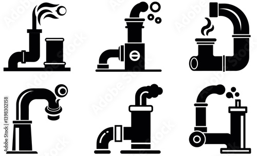 Black Silhouette Pipes and Steam Icons Set