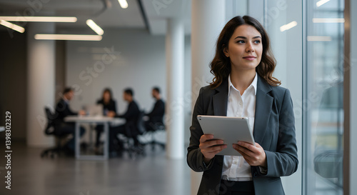 A professional businesswoman executive holds a tablet, overlooking a company meeting. Managerial focus and corporate environment create a dynamic business atmosphere.