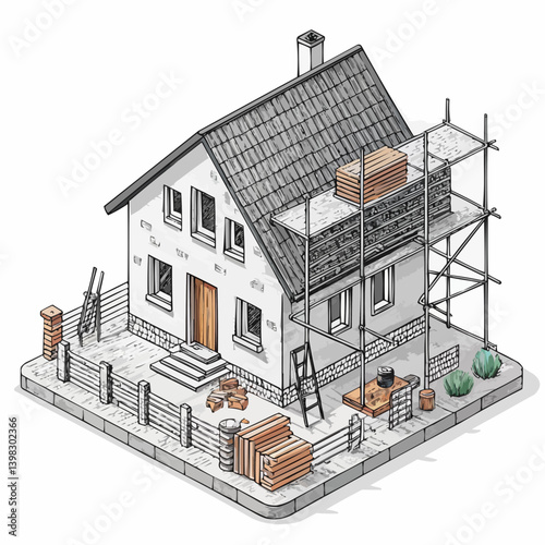 Vector icon of a wooden house under construction with scaffolding representing building progress against a white background