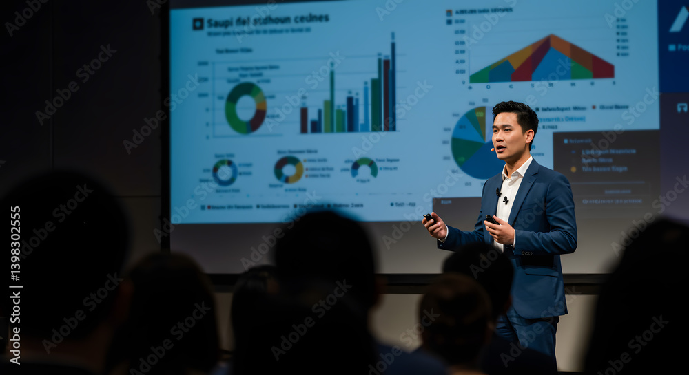 Presenter in a suit explains data charts to an audience, highlighting urban trends on a big screen. Business professional discusses urban analytics with colorful graphs projected for a focused audienc Presenter in a suit explains data charts to an audience, highlighting urban trends on a big screen. Business professional discusses urban analytics with colorful graphs projected for a focused audienc