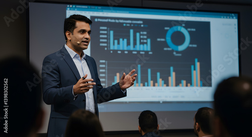 Businessman presents analytics with charts to an audience in a professional setting. Speaker discusses data insights using graphs on a screen, engaging a focused audience.