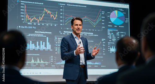 Businessman presents data analysis on a screen, engaging an audience with charts and graphs. Professional speaker discusses trends, highlighted by graphs on screen, addressing a seated audience.
