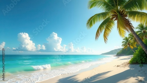 Serene Tropical Beach Scene Azure Waters, White Sand, and Lush Palm Trees Under a Sunny Sky