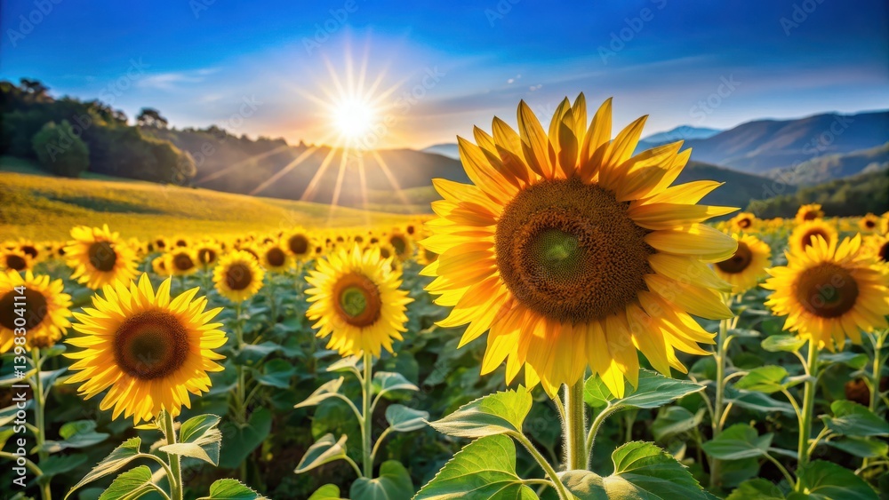 Golden Sunflowers Basking in the Warm Glow of a Sunset Over Rolling Hills Golden Sunflowers Basking in the Warm Glow of a Sunset Over Rolling Hills