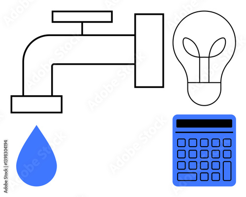 Faucet with water drop, lightbulb, and calculator symbolize resource use, energy conservation, and budgeting. Ideal for sustainability, finance, efficiency, innovation utilities strategy flat