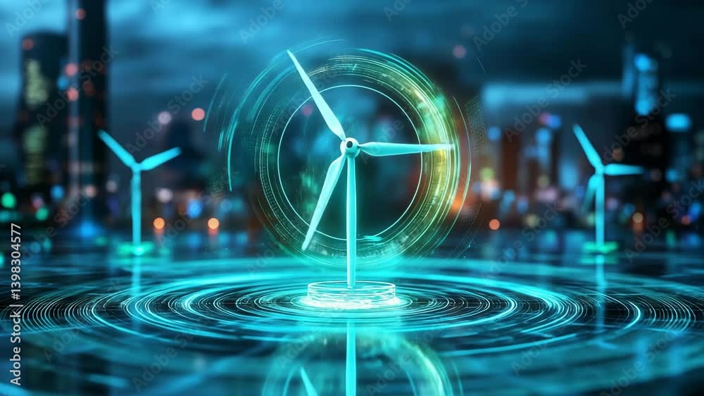 Wind turbines generate renewable energy while creating a visual representation of technologys role in sustainable urban settings