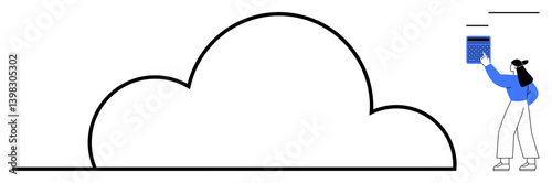 Person placing a digital element in a large cloud shape, symbolizing cloud computing, data synchronization, and online storage. Ideal for technology, innovation, data security, cloud services