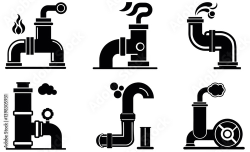 Black Silhouette Pipes and Steam Icons Set