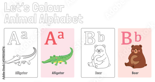 ABC Animal Alphabet Colouring Page for Kids learning English,  Flash Card Set, Animal Name, Vector Illustration