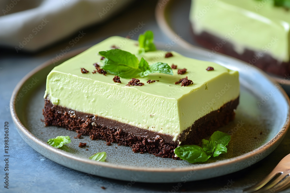 A refreshing mint chocolate matcha cheesecake square. A refreshing mint chocolate matcha cheesecake square.