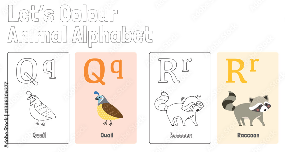 ABC Animal Alphabet Colouring Page for Kids learning English, Flash Card Set, Animal Name, Vector Illustration ABC Animal Alphabet Colouring Page for Kids learning English, Flash Card Set, Animal Name, Vector Illustration