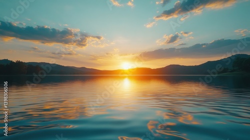Stunning Sunset Over Calm Lake with Mountains and Soft Clouds in the Background