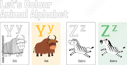 ABC Animal Alphabet Colouring Page for Kids learning English,  Flash Card Set, Animal Name, Vector Illustration