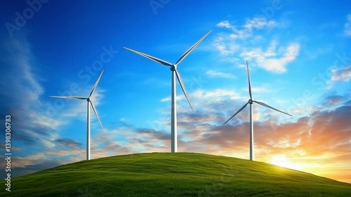 Wallpaper Mural Three wind turbines spin on a green hillside as the sun sets, creating a beautiful view of nature and renewable energy in action Torontodigital.ca