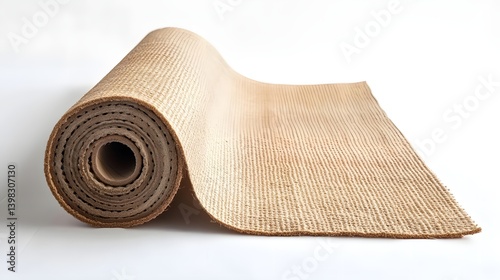 Eco friendly yoga mat made of jute or cork unrolled on a clean white background