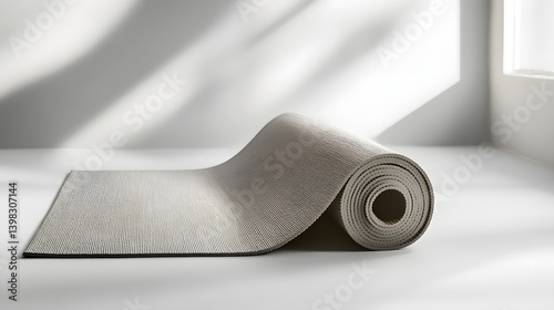 A grey yoga mat unrolled on a clean surface
