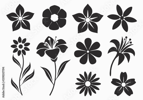 Black and white flower icon vector set featuring bold graphic outlines and stylized abstract floral shapes in a simple, modern line-art style – perfect for print, web, or digital design