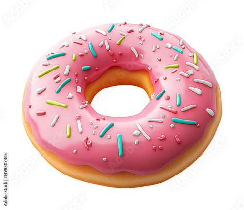 Delicious pink frosted donut bakery food bright sweet treat. Isolated on transparent background, png.