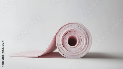 Rolled up pastel pink yoga mat on white background