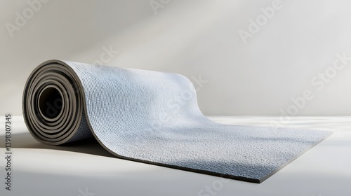 A gray yoga mat unrolled on a clean white surface