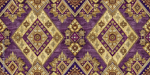 Intricate vintage floral pattern in rich gold and purple hues.