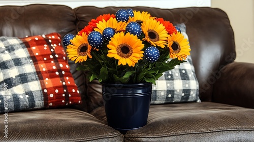 A vibrant floral arrangement of sunflowers and gerbera daisies, accented with blue dotted decorative eggs, sits on a leather couch. photo