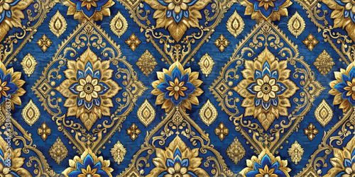 Elegant blue and gold floral pattern with intricate designs.