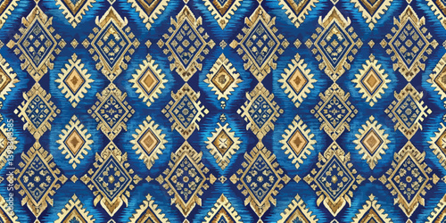 Elegant blue and gold geometric pattern featuring intricate diamond shapes.