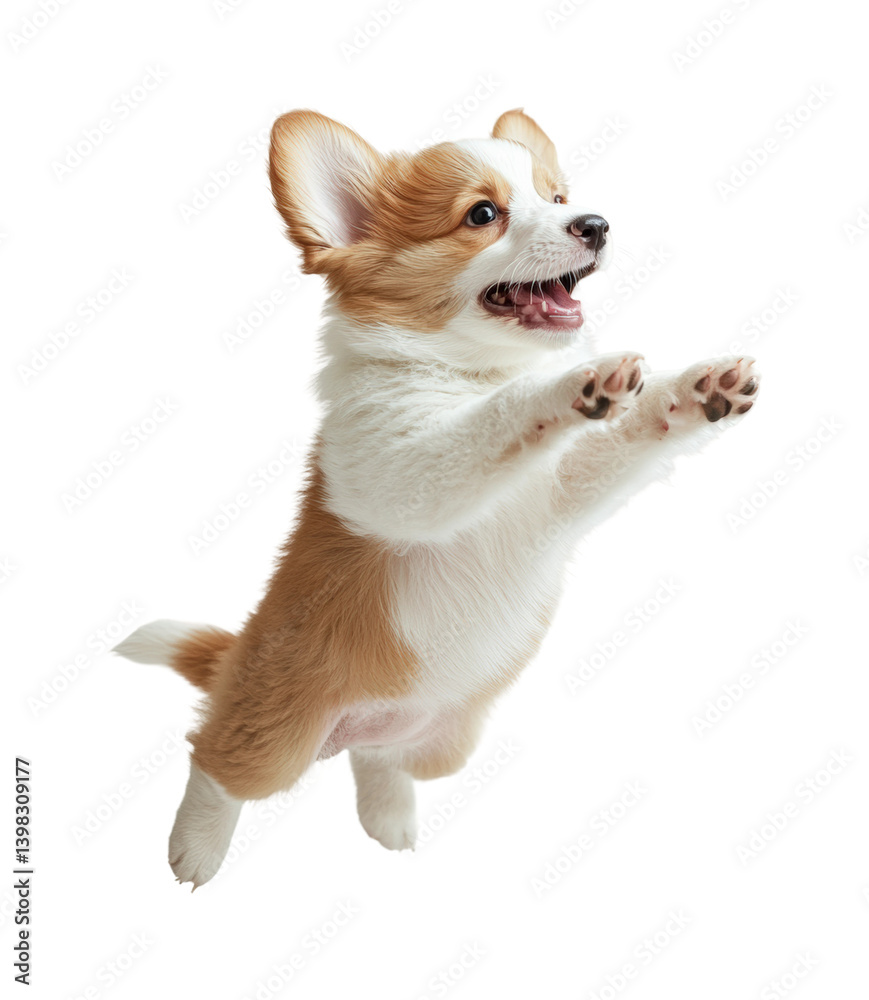 Playful corgi dog jumping in pet bright happy mood. Isolated on transparent background, png.