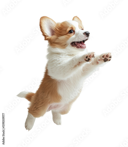Obraz na płótnie Playful corgi dog jumping in pet bright happy mood. Isolated on transparent background, png. w salonie