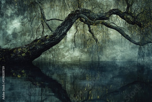 A mystical willow tree dramatically arches over a still, dark water, reflecting its branches and ethereal glow.