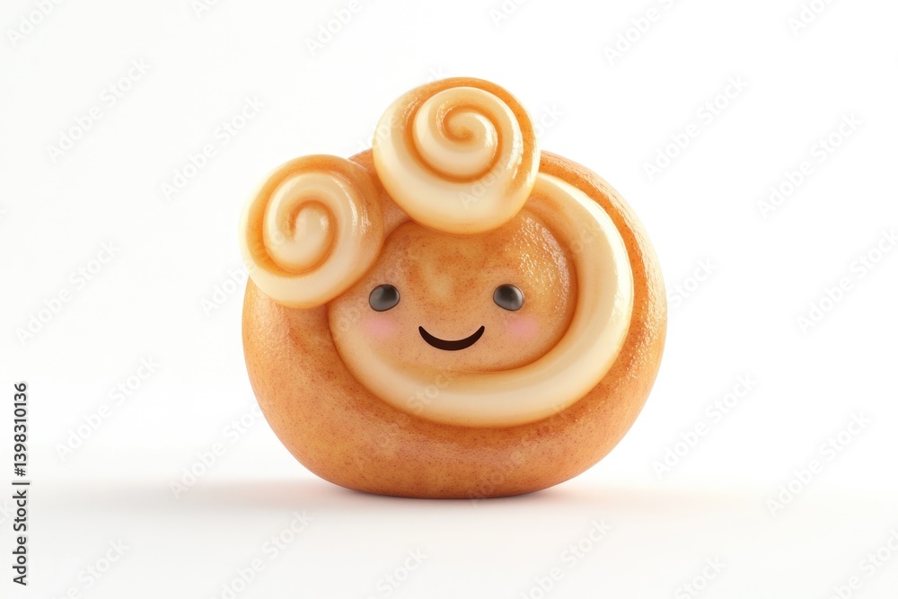 A cute, smiling, round pastry with swirls on top, 3D rendered. A cute, smiling, round pastry with swirls on top, 3D rendered.