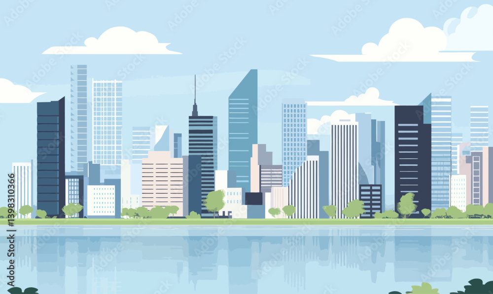 Fototapeta premium Minimalist Cityscape with Skyline and Waterway, Flat Vector Art Illustration