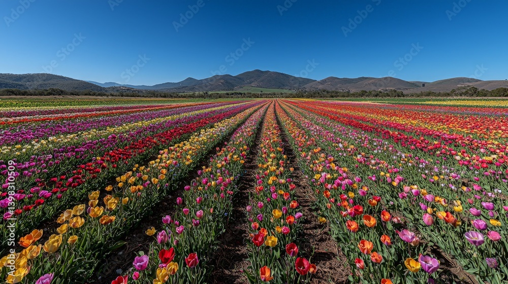Colorful Tulip Field, Mountain View, Sunny Day Colorful Tulip Field, Mountain View, Sunny Day