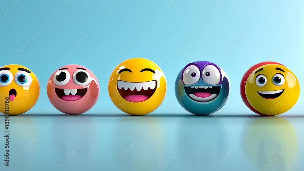 Delightful Row of Colorful Emojis: A Playful 3D Render of Expressive Faces