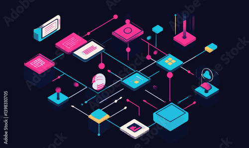 Isometric AI Content Creation Flowchart for Modern Digital Design Solutions