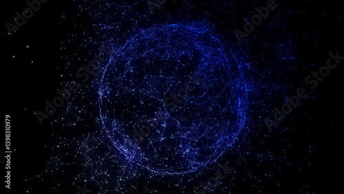 Abstract blue sphere on black background. Wireframe circle structure with glowing particles and lines. Futuristic digital illustration. 3D rendering.
