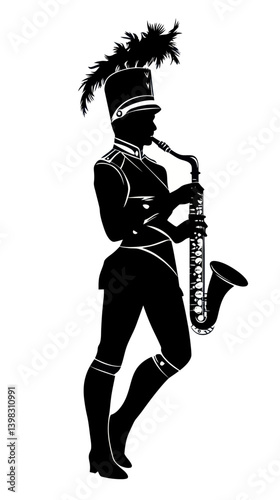Silhouette of Marching Band Musician Playing Wind Instrument Vector Artwork