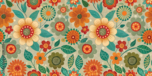 Vibrant floral pattern featuring various colorful flowers and leaves.