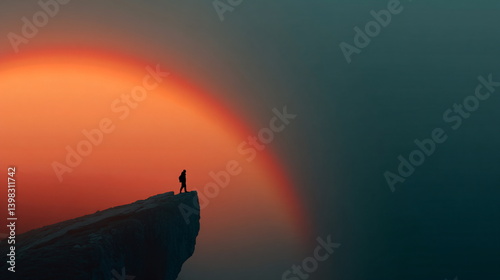 cliff in front of a dark rainbow colored spheric background