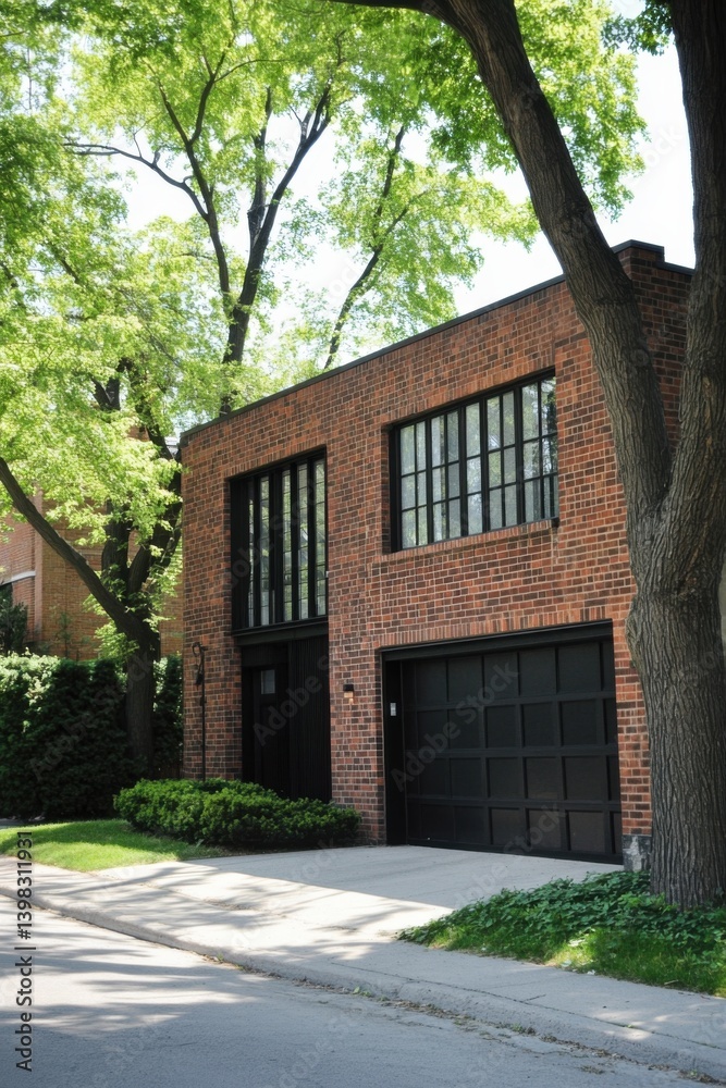 Contemporary brick residence featuring expansive windows and vibrant greenery, nestled within a picturesque suburban community during daylight Contemporary brick residence featuring expansive windows and vibrant greenery, nestled within a picturesque suburban community during daylight