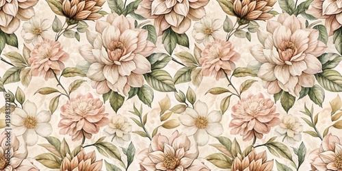 Elegant floral pattern featuring soft-toned flowers and lush green leaves.