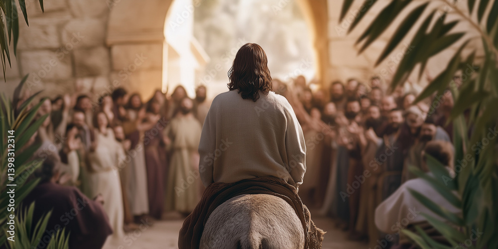Obraz premium Jesus on Palm Sunday, Triumphal Entry into Jerusalem, on a donkey, received by the crowd