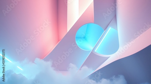 Abstract graphic resource with pastel hues, featuring geometric shapes and a central blue circle, as seen in Adobe Stock. The design evokes a futuristic, ethereal atmosphere, with the impression of so