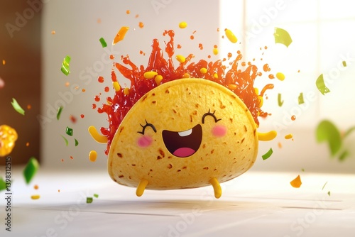 A happy taco leaps with joy, surrounded by a splash of salsa and fresh ingredients.
