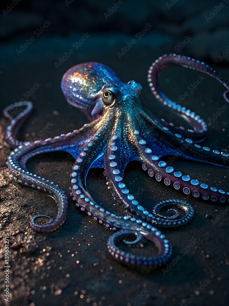 Obraz premium Iridescent metallic octopus with glowing tentacles in navy, blue, and silver