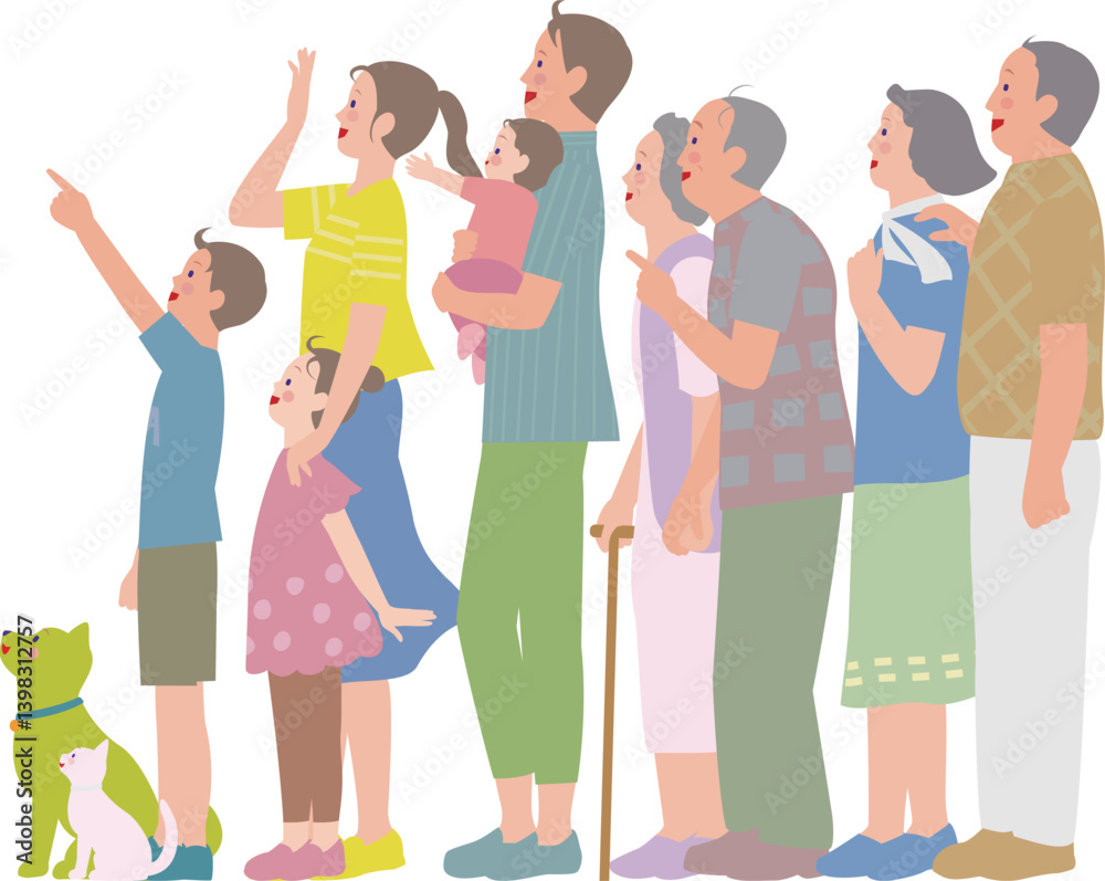 Obraz premium 三世代の家族。笑顔で上を見上げる夫婦、親子、ペットのイラスト。